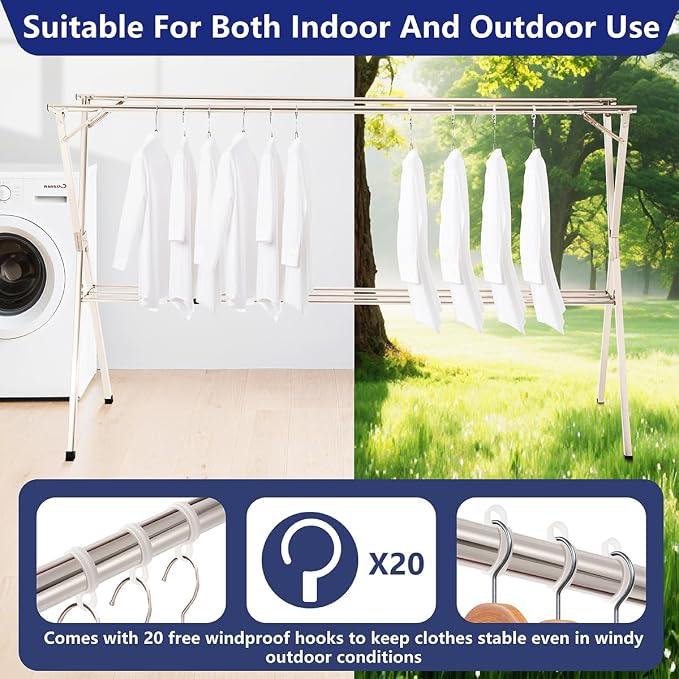 shengshi 95in Foldable Clothes Drying Rack,3 Additional Reinforcement Bars | Heavy Duty Stainless Steel Laundry Drying Rack Indoor Outdoor, Adjustable Length Clothes Rack with 20 Windproof Hooks