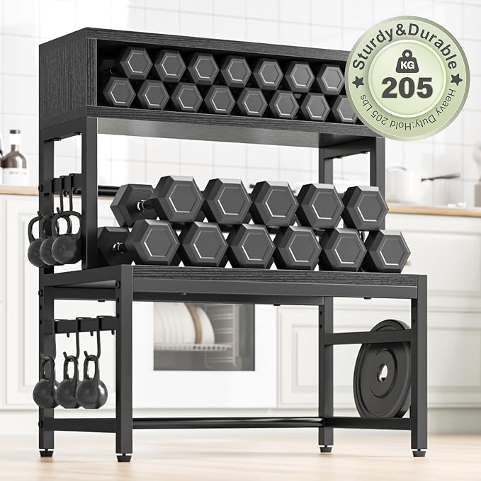 EnHomee 4-Tier Microwave Stand for Kitchen Storage, Black | 205 lb Capacity, Adjustable Kitchen Shelves with 9 Hooks & Cutting Board Rack