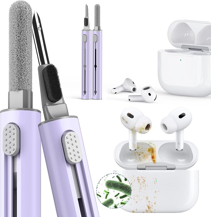 Inesore Multi Cleaning Kit for AirPods & All Bluetooth Earbuds (Purple) | Metal Tip, High-Density Soft Brush, Flocked Sponge Tip, 3 in 1 Design, Compact & Lightweight, Easy Operation, Easy to Carry
