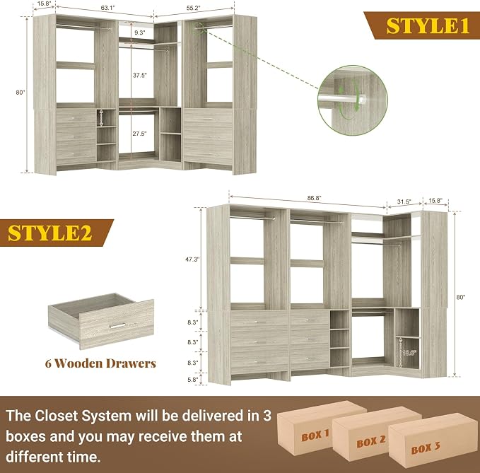 Aheaplus Closet System with 6 Drawers, 4 Hanging Rods & Corner Tower, Corner Closet System with Hanging, 86.8" L-Shaped Walk-In Wardrobe Organizer, 2000+ lbs Capacity, Set of 3, White Oak