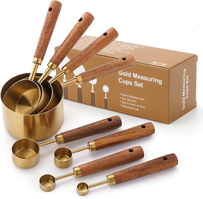 SHIKORI Gold Measuring Cups and Spoons Set with Wood Handles, Premium Stainless Steel Measuring Spoons and Measuring Cups Set-Gold