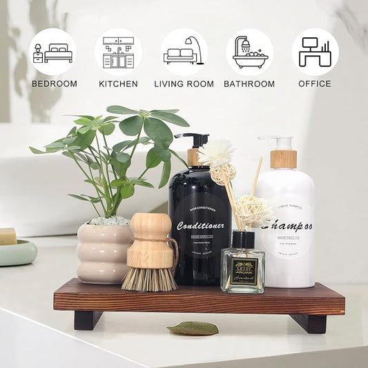 Farmhouse Bathroom Vanity Tray Wood Pedestal Stand Kitchen Countertop Trays Decorative Wooden Risers Dish Soap Dispenser Holder for Kitchen Counter Decor Modern Bathroom Sink Organizer Accessories