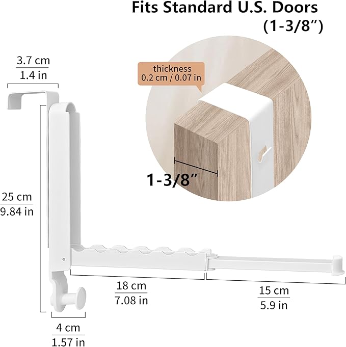 RFOUO Over The Door Hooks Hanger,Fit Door up to 1 3/8", White, 1 Pack | Aluminum,Retractable Rod, Space-Saving, Foldable Over The Door Drying Rack,No drilling, For Laundry Bathroom Bedroom Travel