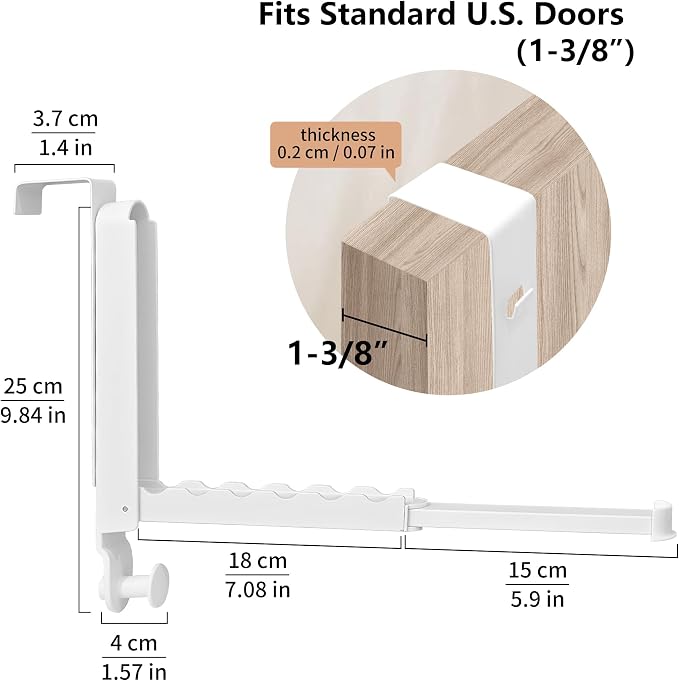 RFOUO Over The Door Hooks Hanger,Fit Door up to 1 3/8", White, 2 Pack | Aluminum,Retractable Rod, Space-Saving, Foldable Over The Door Drying Rack,No drilling, For Laundry Bathroom Bedroom Travel