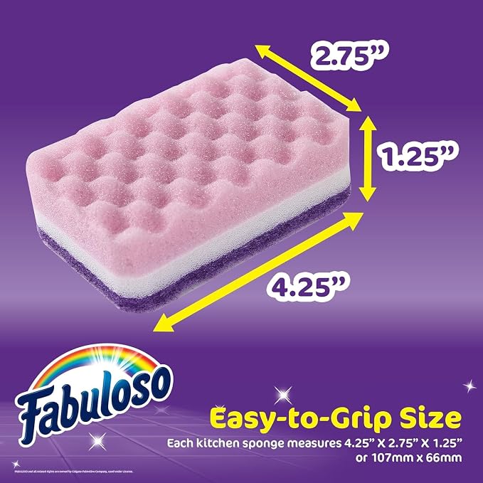 Fabuloso Scratch-Free Kitchen Dish Sponges Purple Cellulose Scrubber Sponge with Scouring Pad Dishes Pots Pans Counters and Sinks Tough on Messes 4.25 x 2.75 x 1.25 in 4 Count 2 Pack Extended Supply