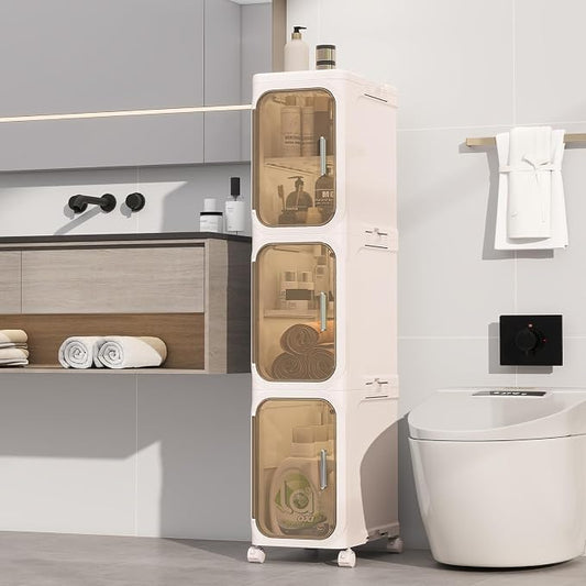 3 Tier Slim Bathroom Storage Cabinet, Foldable and Movable, Beige | Tools Free, ABS and PET, Magnetic Clear Door, Adjustable Shelves, Lockable Wheels, Water Resistant, For Narrow Space