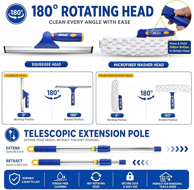 ITTAR Window Squeegee with 2 Sets Separate Pole, 12" Rubber Squeegee and 11" Microfiber Pads, 60"-73.6" Telescopic Window Cleaning Kit with Rotating Head for High Windows, Shower Glass, Car Windshield