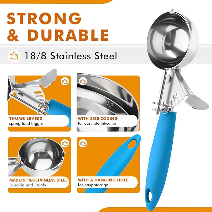 JUNADAEL J Portion Scoop, #12/3.25 OZ Disher Scoop, Ice Cream Scoop, Blue Handle, for Portion Control, Cookie Dough, Cupcake Batter, Ice Cream, Muffin, Mashed Potatoes