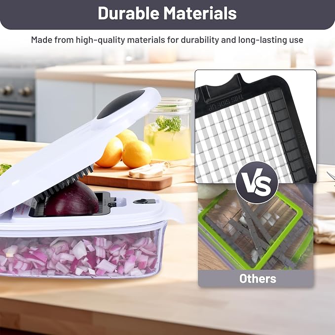 2-in-1 Vegetable Dicer, Onion Chopper, 1.5L Container, White Black | Two dicing sizes for everyday onionsand salad prep