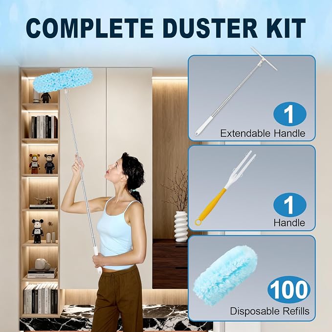 100Pcs Duster Refill Compatible with Swiffer Hand Duster +4FT Extended Handle +1 Handle, 360° Heavy Duty Duster Refills Kit for Cleaning, Office, Ceiling Fan, Baseboard & Blind