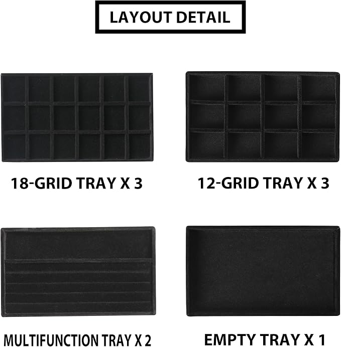 Frebeauty Jewelry Trays for Drawer,Set of 9 Jewelry Organizer and Storage | Velvet Material,Earring Holder Organizer,Stackable Jewelry Display for Vanity,Drawer Inserts for Rings,Studs,8.3×4.9 inch