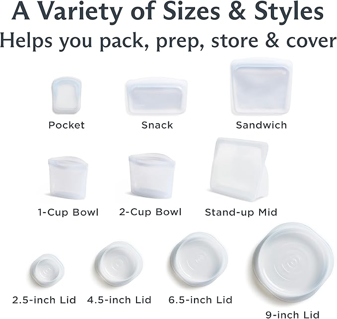 Stasher Silicone Reusable Storage Bags & Stretch Lids, 10-Pack Starter Kit, Reusable Freezer Bags, Microwave, Dishwasher, Oven Safe, Sous Vide, Lunch Containers, Eco Friendly, Food Storage Bags, Clear