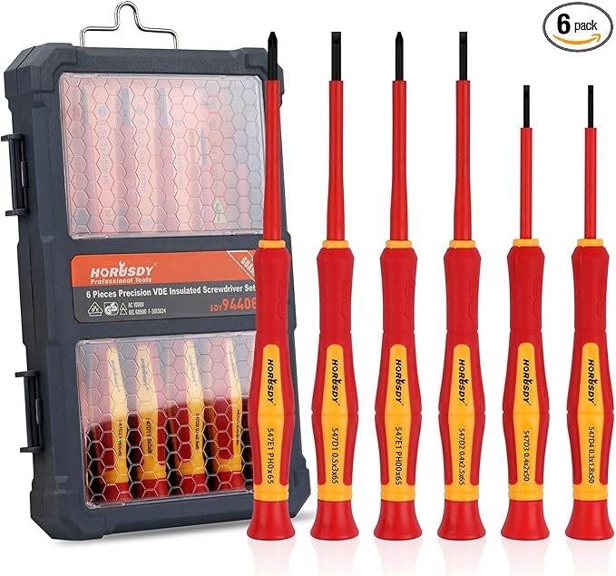 HORUSDY 1000V 6-Piece Mini Insulated Screwdriver Set, Magnetic Tip Mini Electrician Screwdriver Set Slotted(1.8mm,2.0mm2.5mm,3.0mm), Phillips: (PH00, PH0)