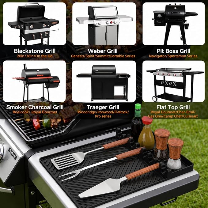 Griddle Mat Barbeque Grill Accessories Tools for Blackstone, Side Shelf Mat Grill Pad for Outdoor Grill Kitchen Counter Spatula Silicone Mat with Drip Pad for Kitchen, Cooking, Countertop (Black)