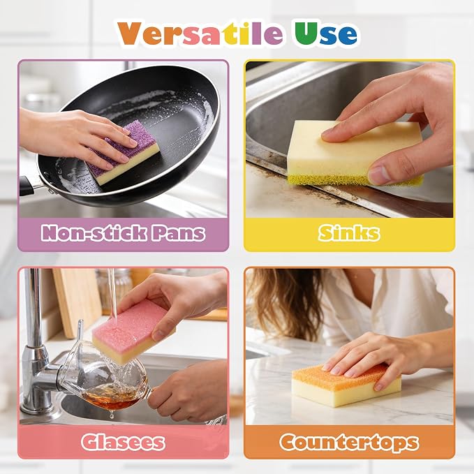 UNIMADE Scrub Sponge, Temperature Responsive Dual-Sided Cleaning Sponges, Non-Scratch Dish Sponge for Kitchen, Soft in Warm Water & Firm in Cold, 12 Pack