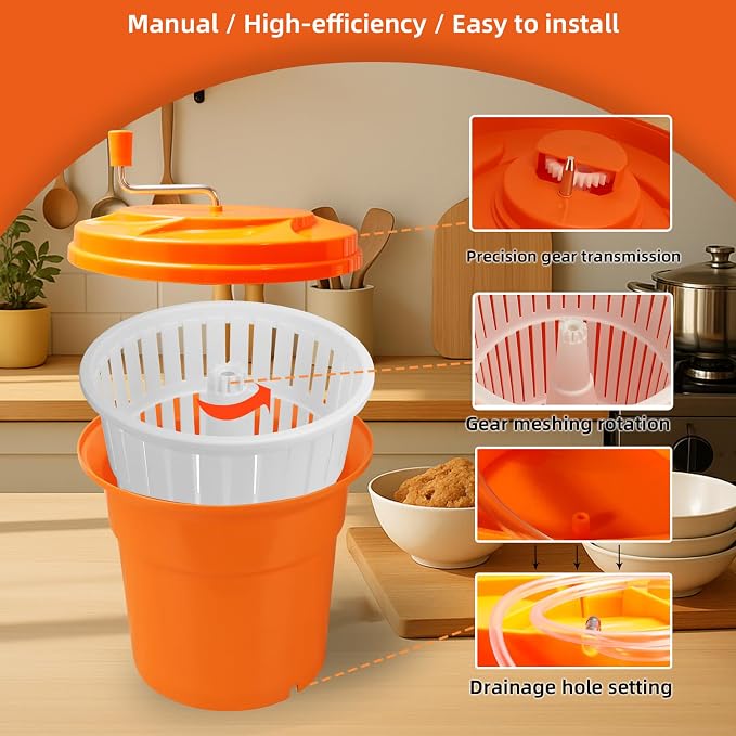5 Gallon Salad Spinner,Large Capacity Vegetable Friuts Salad Dryer,Commercial Manual Salad Mixer for Restaurants Kitchen & Catering,Green & Orange. (Orange, 5 Gallon)