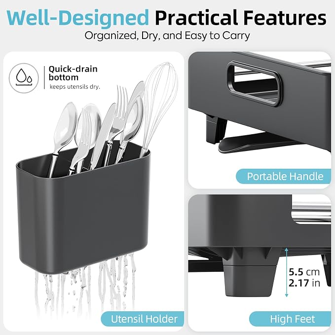 TOOLF Expandable Dish Drying Rack for Kitchen Counter,Black | Extendable 12.8in to 20.35in,Stainless Steel & PP,One-Minute Quick Assembly,Cutlery Holder,Portable Carry Handle,Space-Saving