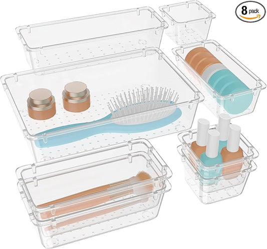WOWBOX 8 PCS Clear Plastic Drawer Organizer Set, 4 Sizes Desk Drawer Organization and Storage Containers for Makeup, Cosmetics, Jewelry and Gadgets in Kitchen, Bathroom, Bedroom, Office, Clear