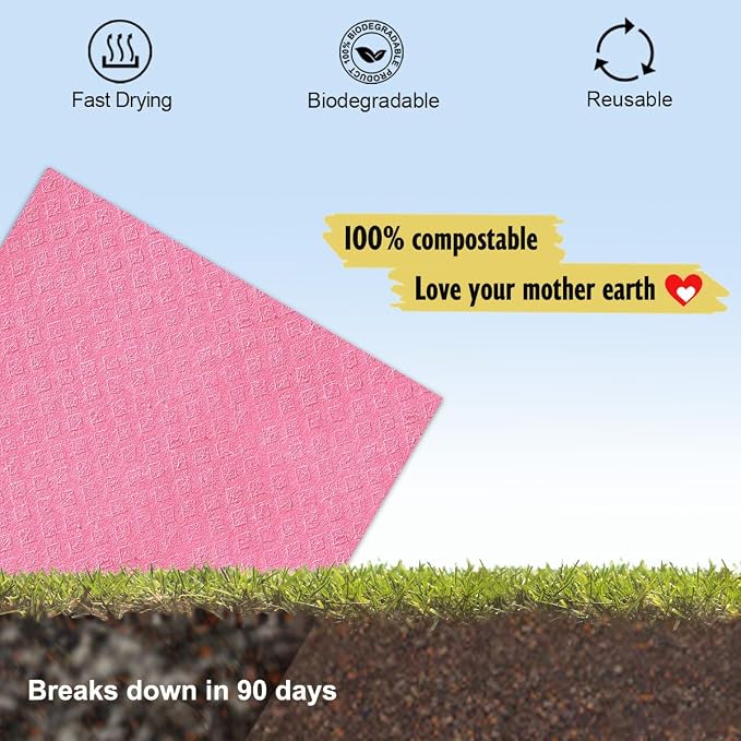 MoLKENE Swedish Dishcloths for Kitchen | 6 Pack Absorbent Cellulose Sponge Cloths Washable | Non-Scratch Reusable Paper Towels Quick Drying Cleaning Cloths - Pink