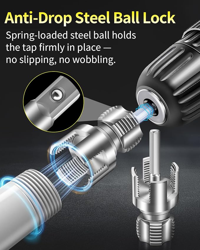 3-Piece PVC Pipe Threading Tool, 1/2, 3/4 and 1 Inch | Integrated internal and external pipe threader works with electric drills for PVC and plastic pipe repair.
