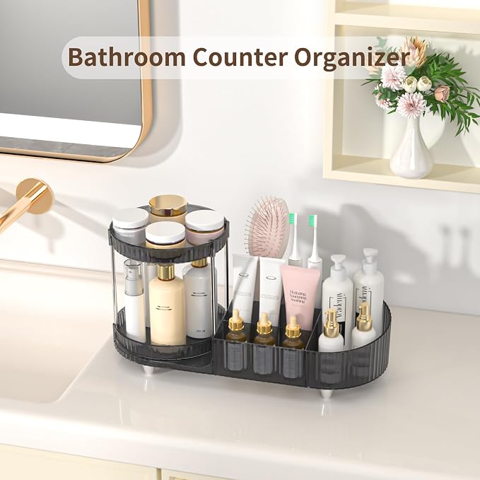 Makeup Organizer Countertop for Vanity, 360 Rotating Perfume Tray with 5-compartment Cosmetic and Skincare Organizers, Multi-Purpose Desk Storage Makeup Brush Holder for Bathroom Bedroom Counter