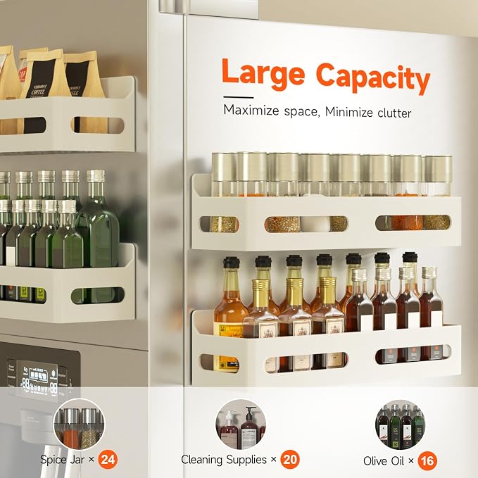 Sevenblue 4-Pack Magnetic Spice Rack for Refrigerator with Hooks, White | Strong multipurpose magnetic shelf for kitchen & bathroom organization. Includes 4 removable hooks for hanging items.