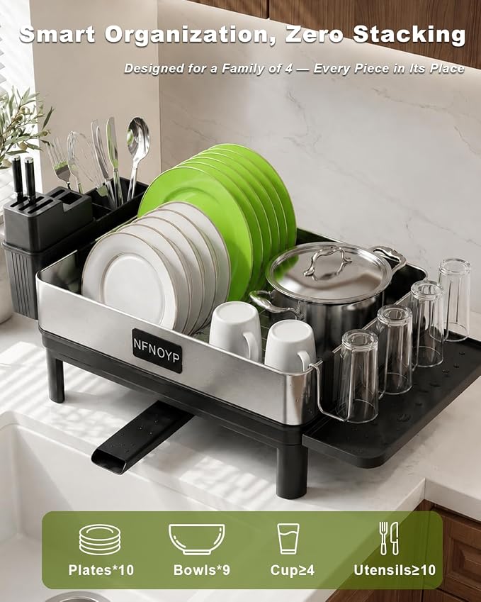 Dish Drying Rack, 304 Stainless Steel Dish Rack and Drainboard Set, Rustproof Dish Drainer with Anti-Pooling Automatic Drainage, Large Capacity Kitchen Counter Organizer, Black
