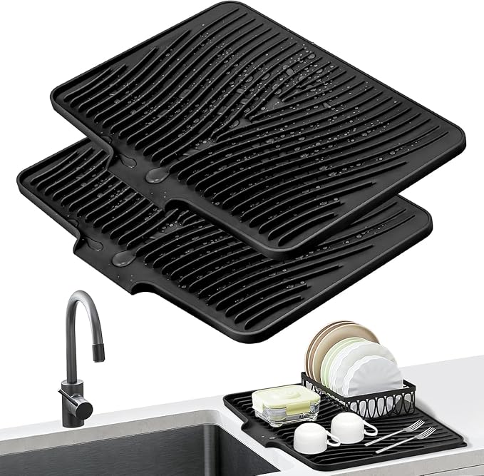 Silicone Dish Drying Mat for Kitchen counter, 15.8"x13" 2Pcs Extra Large Non-Slip Drain Pad with Built-in Drainage, Heat Resistant Dishwasher Safe, Black
