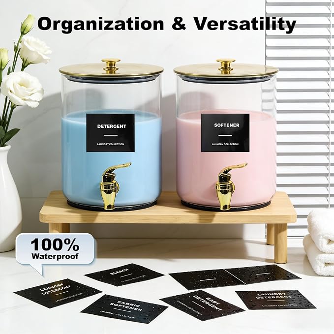 Glass Laundry Detergent Dispenser for Laundry Room Organization(2, Gold) | 1 Gallon Large Liquid Soap Dispenser with Black Metal Lid & Leak-Proof Spigot, 2 Measured Cups, 2 Silicone Mats & 9 Labels