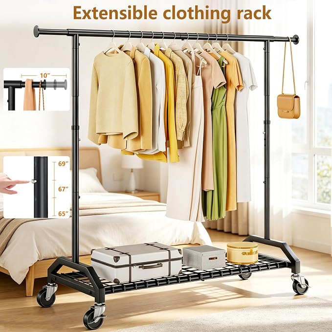 Wiracks Heavy Duty Clothes Rack for Hanging Clothes 350lbs Clothing Rack 3" industrial Wheels 51 to 71" W x 16.53" D x 65" to 71" H Adjustable Rolling Clothes Rack Coat Rack Garment Rack Black