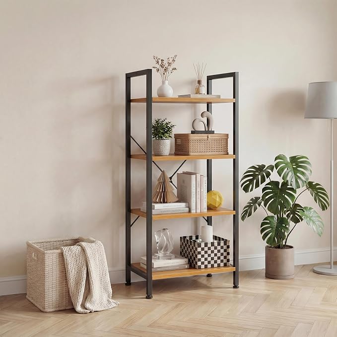 DUMOS 4 Tiers Open Bookshelf, Classic Freestanding Tall Display Shelf, Multifunctional Storage Organizer Rack for Living Room Home Office, Sturdy Bookcase for Books/Movies, Wood | Multifunctional Storage Organizer Rack for Living Room Home Office, Stur...
