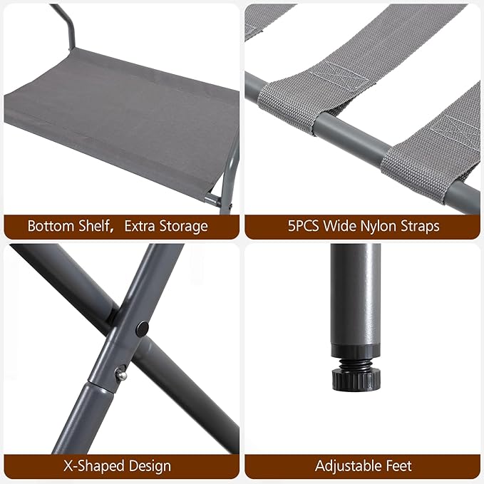 AMHANCIBLE Luggage Rack, Set of 2, Foldable Suitcase Stands for Guest Room | Metal Luggage Holder with Storage Shelf for Bedroom, Hotel, Easy Assemble, Grey