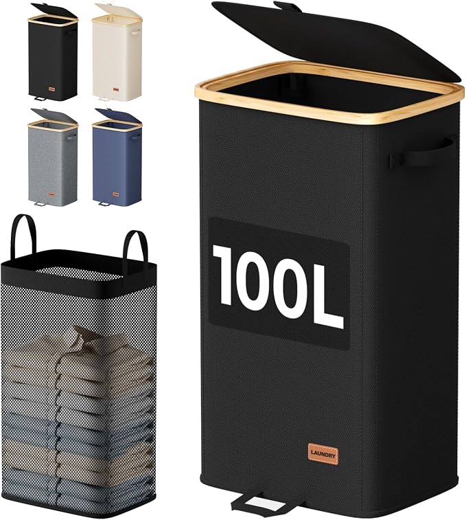 100L Laundry Hamper with Lid, Large Clothes Hamper, Black | Elegant bamboo appearance, Foot Loop, Removable Bag Easy to Lift and Carry, Bathroom, Bedroom, Laundry Room, Dorm