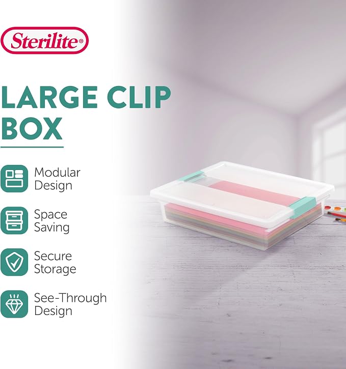 Sterilite Clip Box, Stackable Clear Plastic Bins- Large, 6-Pack | Storage Containers with Latching Lids for Writing, Arts or Crafts Supplies - Home, Office, Classroom & Workshop Organization