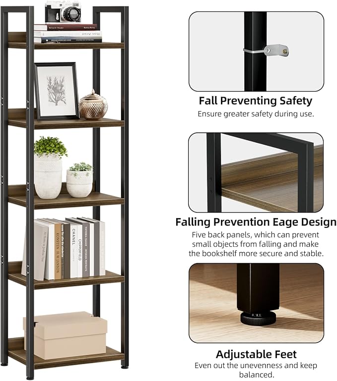 NUMENN Narrow Bookshelf, 5 Tier Freestanding Shelving Unit, Dark Walnut | Metal Frame & Wood Shelves, Falling Prevention Baffle, Open Storage Bookcase for Bedroom, Living Room & Home Office