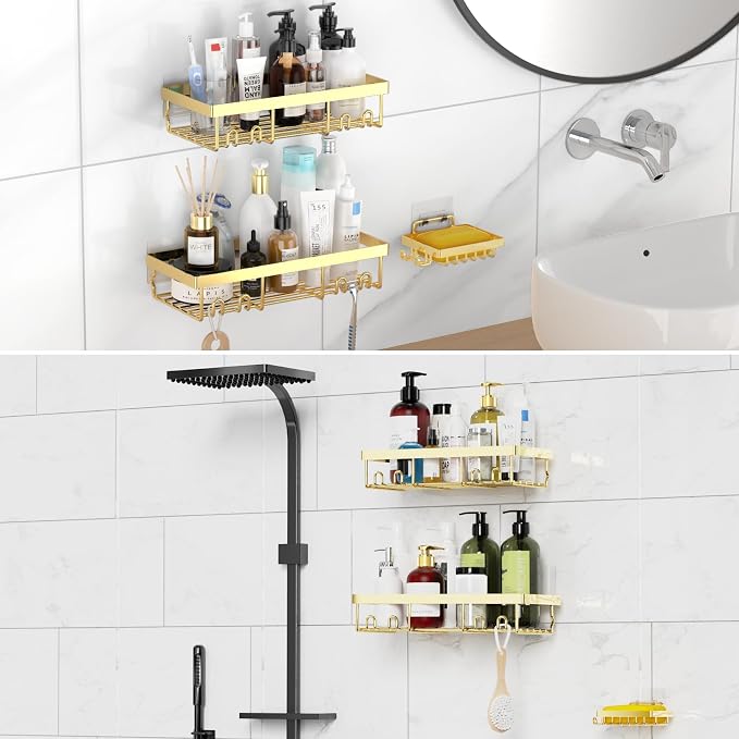 Moforoco 3-Pack Shower Caddy Basket Shelf with Soap Holder, No Drilling Traceless Adhesive Shower Wall Shelves, Rustproof Black Bathroom Shower Storage Organizer