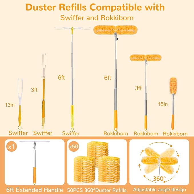 6 ft Heavy Duty Extendable Duster Handle with 50 Refills for Swiffer Duster, 360° Multi-Surface Dusters with 4X Cleaning Power for Home, Ceiling Fans, Windows, Dusting Hard-to-Reach Areas (Orange)