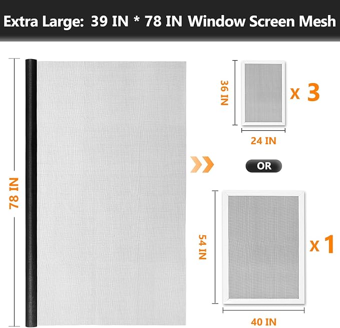 Secopad Window Screen and Screen Door Mesh Repair Kit, Black, 39in x 78in | Replacement Tools Kit, Easy to Install, Extra Large, Durable Fiberglass, Pet and Kid Friendly, For Window Door Patio & Porch