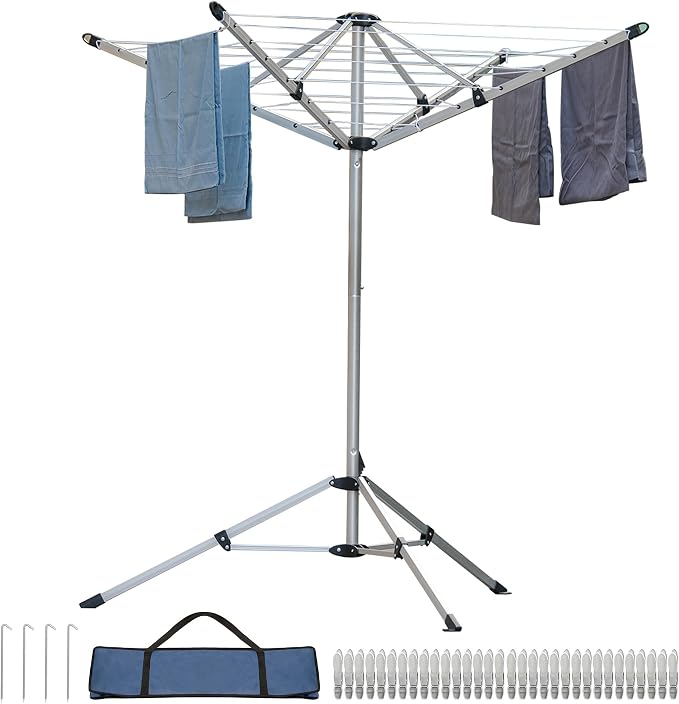 CROS Indoor Outdoor 4-Arm Umbrella Clothes Drying Rack, 65 FT Rotary Laundry Airer with 28 Vinyl Lines, Freestanding Tripod Base, Rust-Resistant Aluminum Dryer for Home, Yard & Balcony