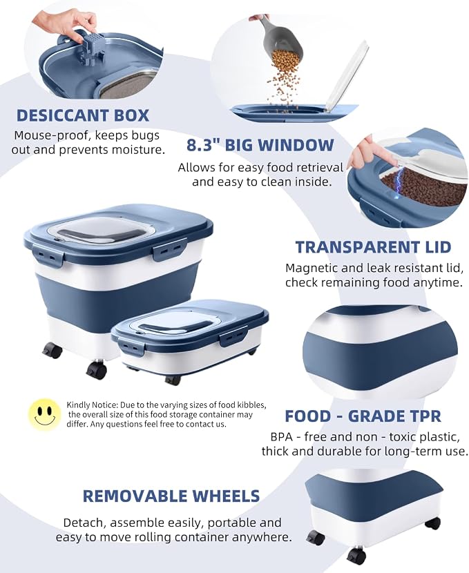 20-23Lbs Dog Food Storage Container Airtight,Collapsible Dog Food Container | Pet Food Storage with Double Airtight Seal & Magnetic Lid,Cat Food Container with Wheels for Easy Moving,Small Jar,Scoop