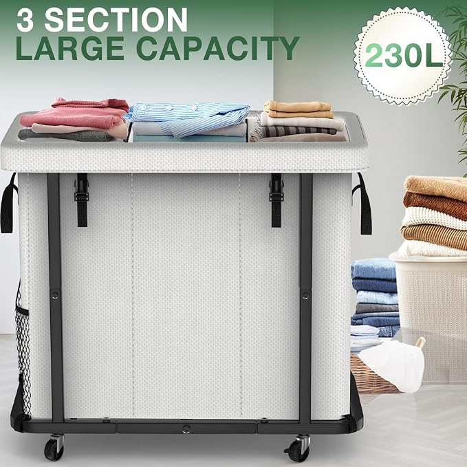 Laundry Basket with Lid, 230L Rolling Laundry Hamper with Wheels,White | Dirty Clothes Hamper with Metal Frame and Removable Bag Design, Suitable for Laundry Room, Bedroom(3 Section)