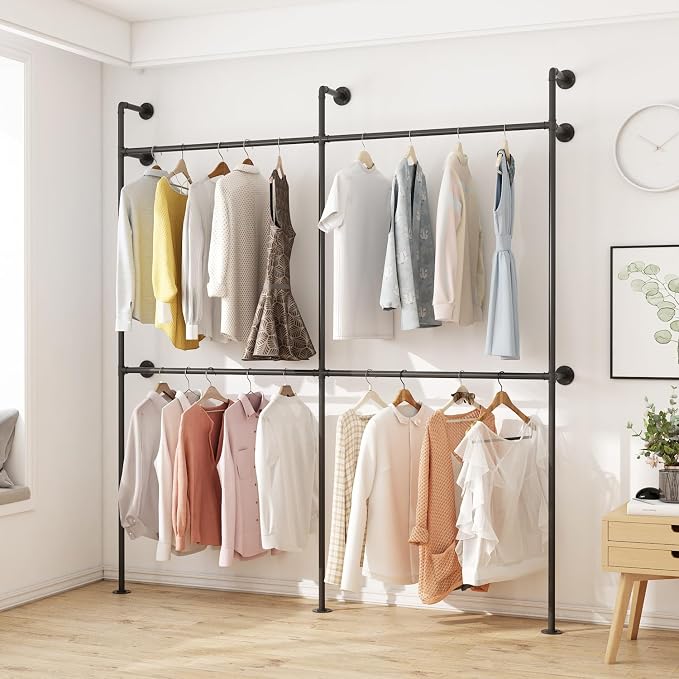 ORSENIGO Industrial Pipe Clothing Rack, Heavy Duty Metal Clothes Rack with Double Rods for Hanging Clothes, Wall Mount Space-Saving Garment Display Rack (Double, Black)