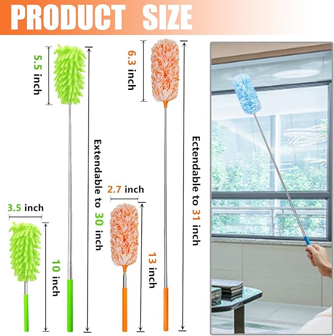 4 pcs Extendable and Washable Microfibre Feather Duster,13" to 30" Reachable, Microfibre Cleaning Tool, Small Dusters for Cleaning Office, Car, Computer, Furniture, Sofa