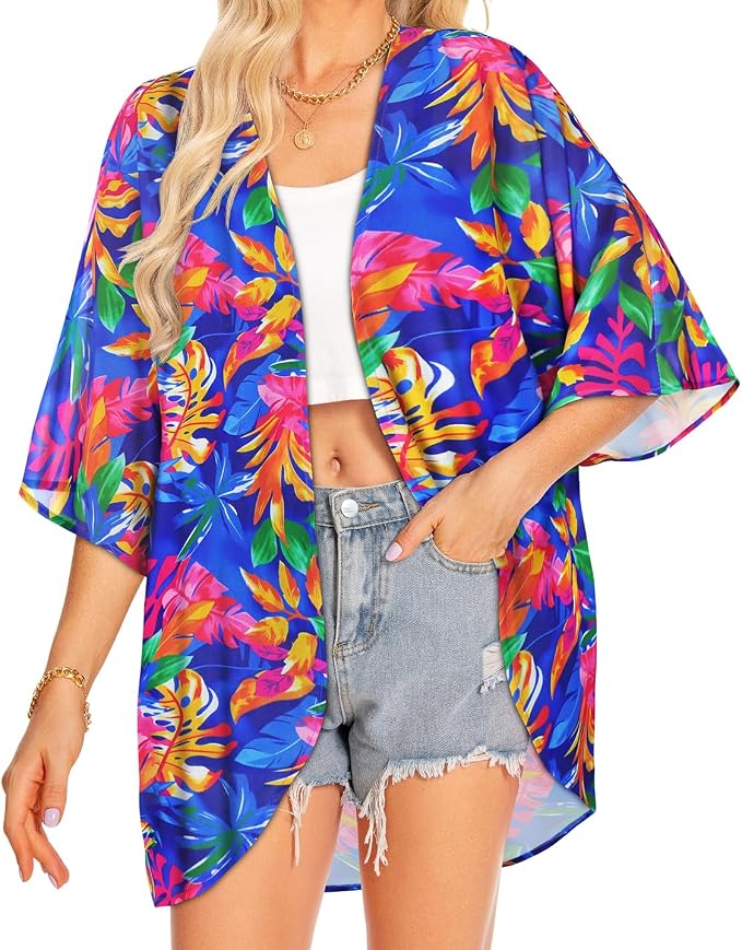 Women Kimono Cardigans Summer Cover Up Hawaiian Shirts Floral Print Tops | ROSEMIA chiffon kimono open front cardigans, beach cover ups, daily casual tops, cruise outfits, summer resort wear