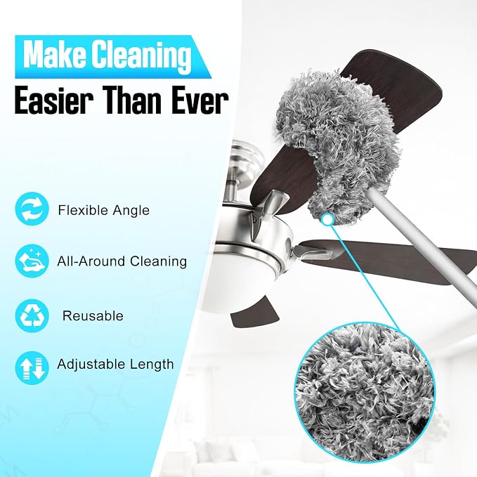 Ceiling Fan Cleaner Duster with Extension Pole, 12 to 51 Inch Duster Length, Reusable Microfiber Dusters for Cleaning Fan Blades, Cobwebs, Walls, Windows & High Ceilings, Removable, Blue