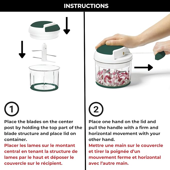Starfrit Pull Chopper - Multi Purpose Manual Food Processor - Three Blade System for a Faster Cut - From Large Chunks to Purée - Self-Retracting Cord - Fruits, Vegetables, Meats and Crushes Ice