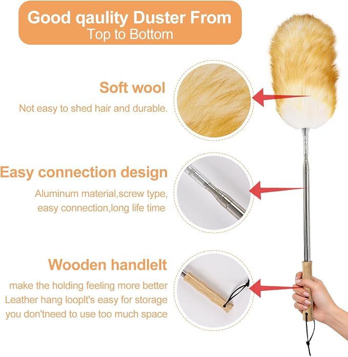Extendable Lambswool Feather Duster 31-88 Inch, Anti-Static Wool Duster for Cleaning with Stainless Steel Pole - Ideal for High Ceilings, Fans, Interior & Roof (Yellow & White)