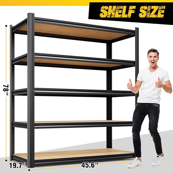 5-Pack Garage Shelving for Large Storage & Whole Home Organization, 78" H x 46" W x 20" D 5-Tier Adjustable Metal Storage Rack for Tools, Storage Bins, Bulk Items, Garage, Pantry & Workshop