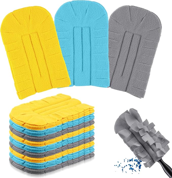 Zubebe 12 Pcs Duster Refill Reusable Fleece Duster Refills Feather Flat Dusters Multi Surface Washable Cleaning Pads Tools for Home, Blinds, Car, Pet, Furniture, Fans (Yellow,Grey,Turq)