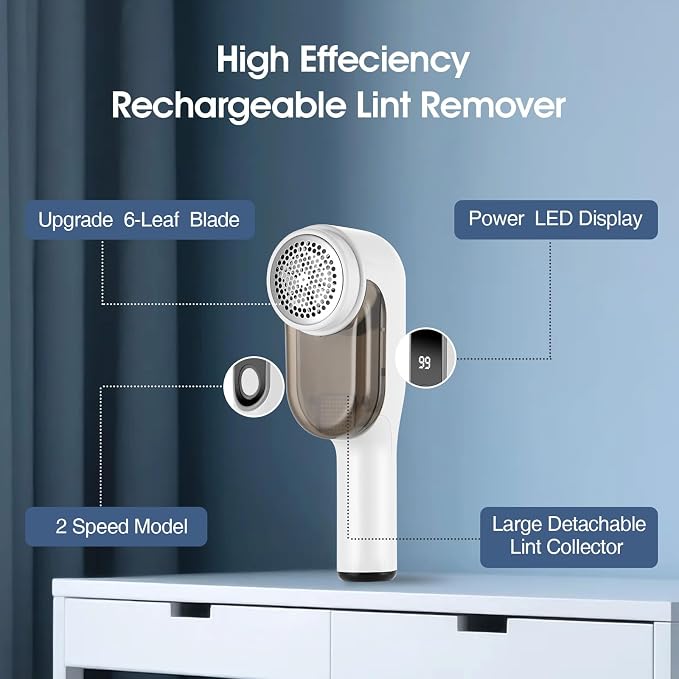 Electric Fabric Shaver Defuzzer - Rechargeable Lint Remover with LED Display, 2-Speed Sweater Pill Remover for Clothes Couch Blanket